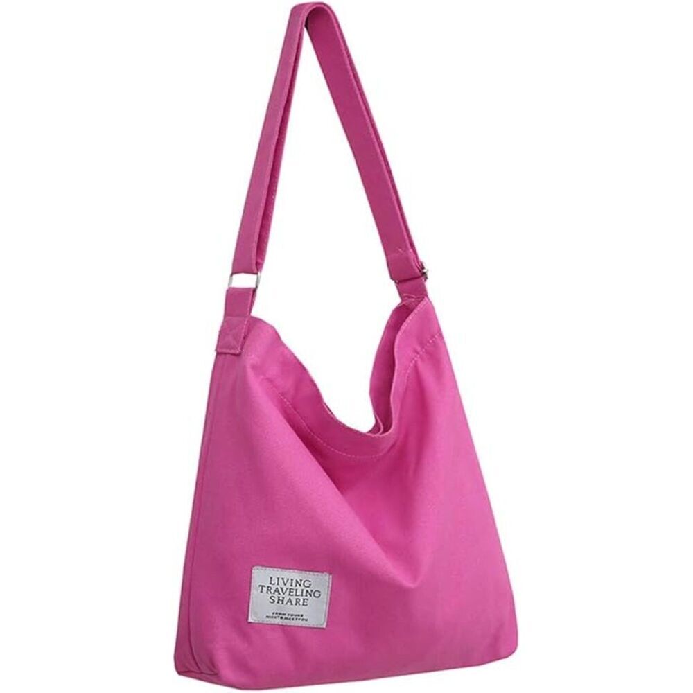 Women Cerise Pink Imported Canvas Retro Large Size Shoulder Crossbody Tote Bag